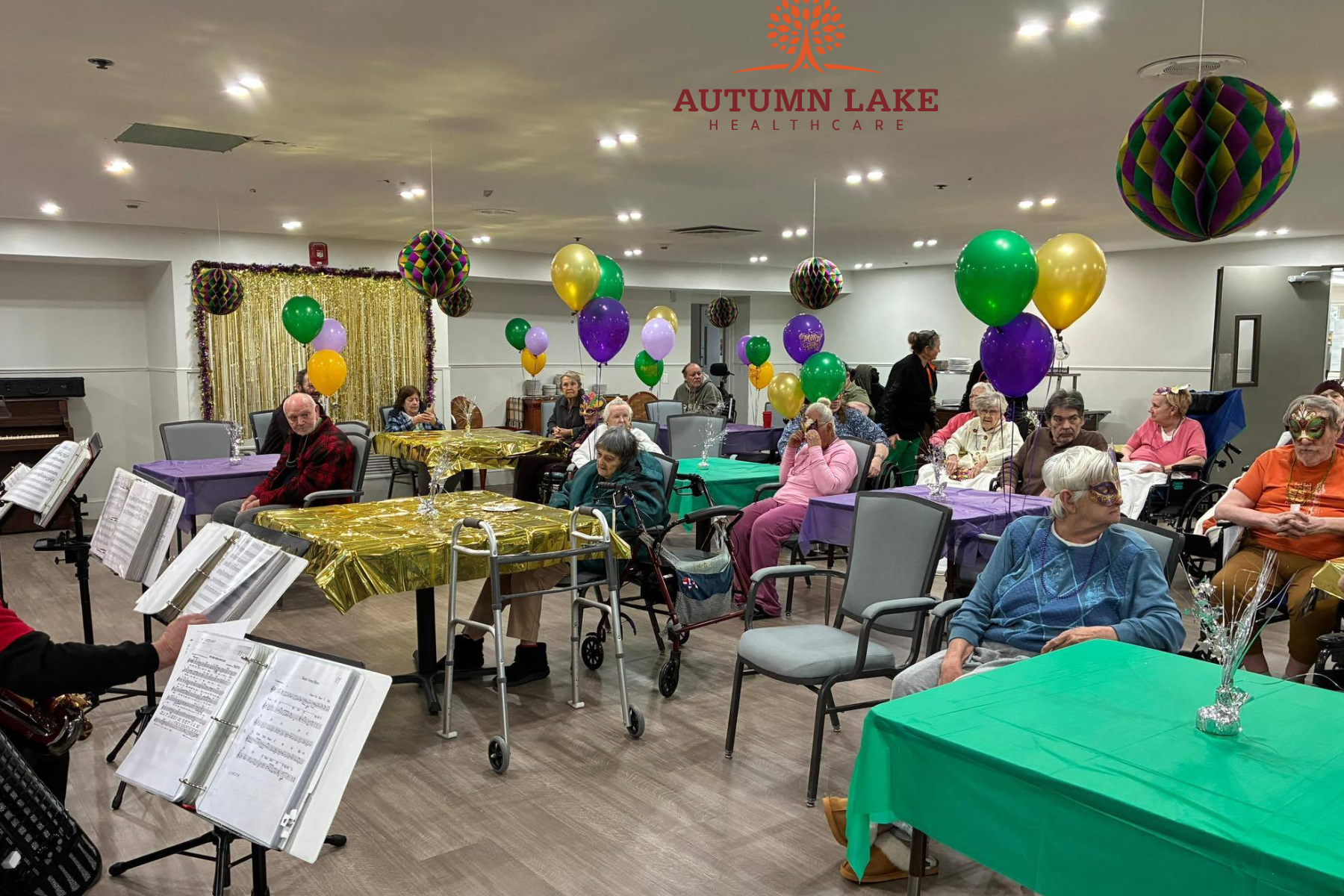Residents gathered for a festive activity in a rehabilitation center