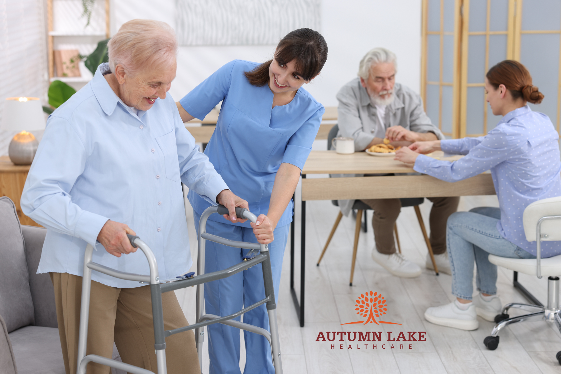 A nurse assisting a senior resident with a walker in a nursing home.